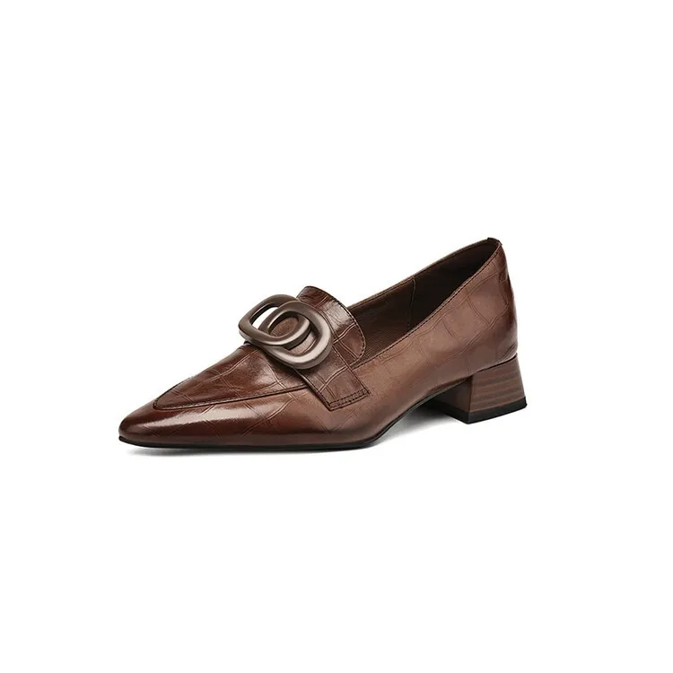 French-style genuine leather retro 3cm chunky heel mid-heel women's shoes, spring and autumn style pointed toe deep mouth single shoes commuting work shoes