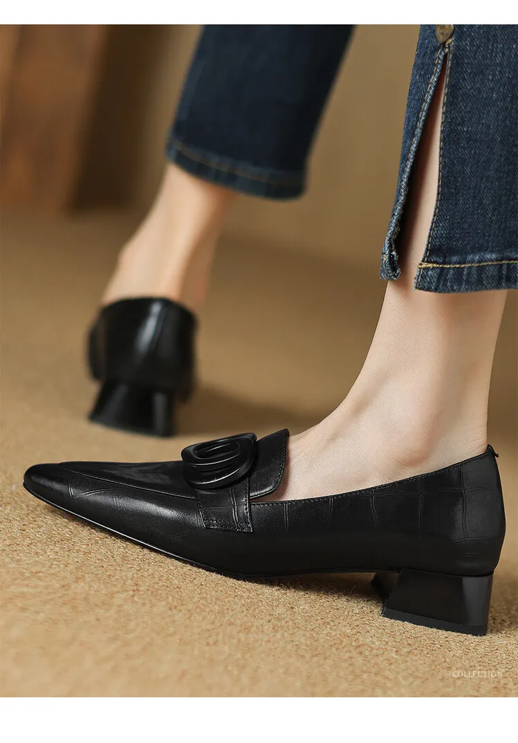 French-style genuine leather retro 3cm chunky heel mid-heel women's shoes, spring and autumn style pointed toe deep mouth single shoes commuting work shoes
