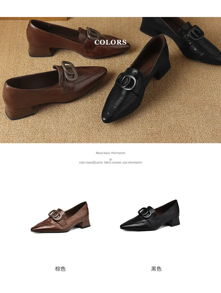 French-style genuine leather retro 3cm chunky heel mid-heel women's shoes, spring and autumn style pointed toe deep mouth single shoes commuting work shoes