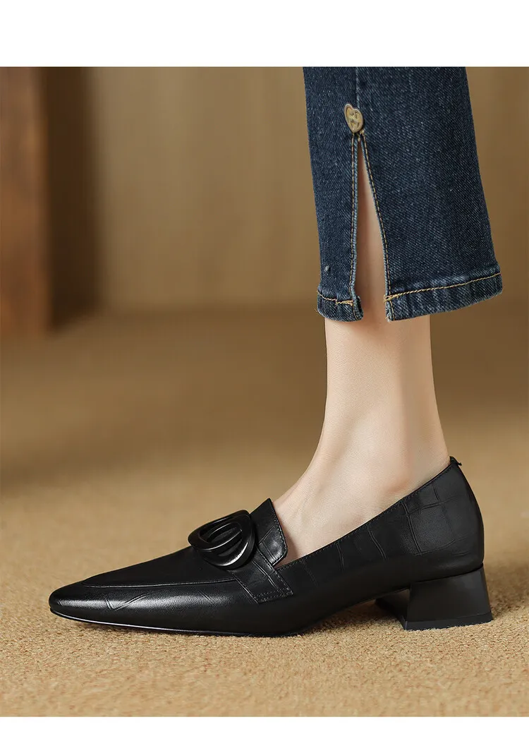 French-style genuine leather retro 3cm chunky heel mid-heel women's shoes, spring and autumn style pointed toe deep mouth single shoes commuting work shoes