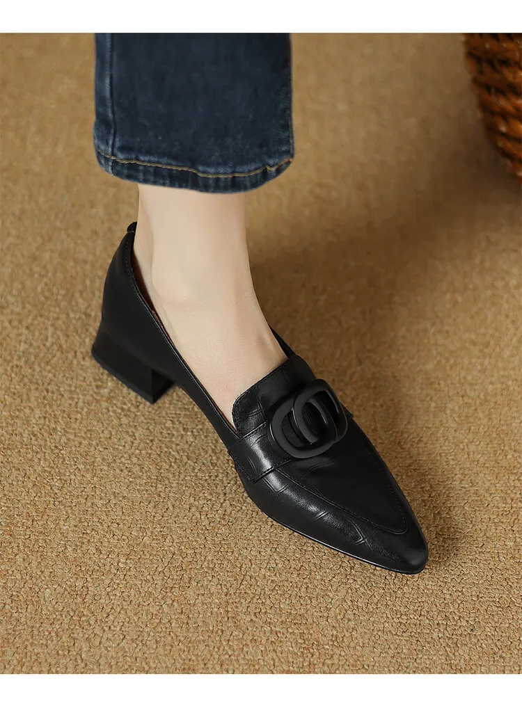 French-style genuine leather retro 3cm chunky heel mid-heel women's shoes, spring and autumn style pointed toe deep mouth single shoes commuting work shoes