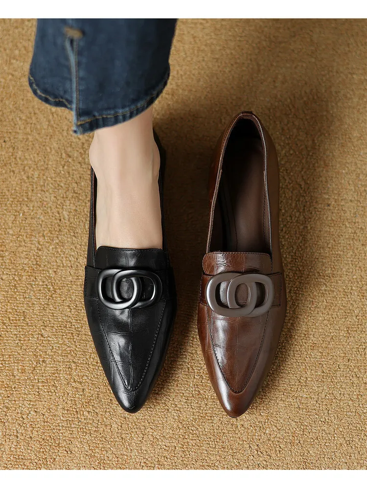 French-style genuine leather retro 3cm chunky heel mid-heel women's shoes, spring and autumn style pointed toe deep mouth single shoes commuting work shoes