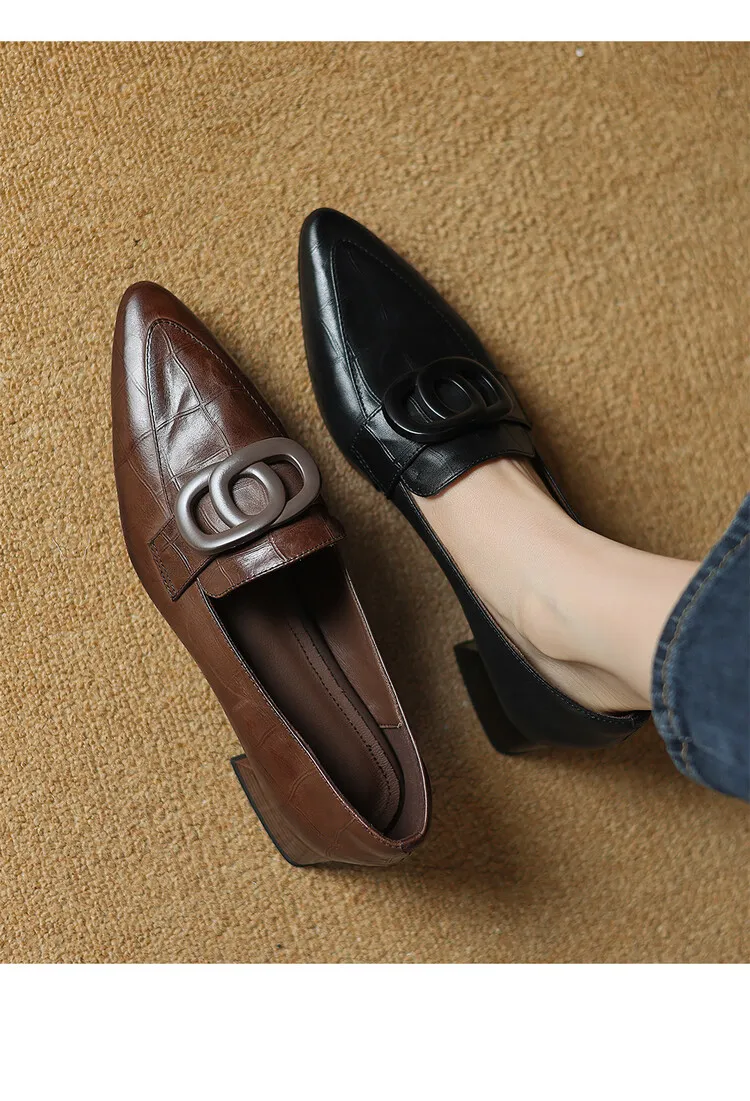 French-style genuine leather retro 3cm chunky heel mid-heel women's shoes, spring and autumn style pointed toe deep mouth single shoes commuting work shoes
