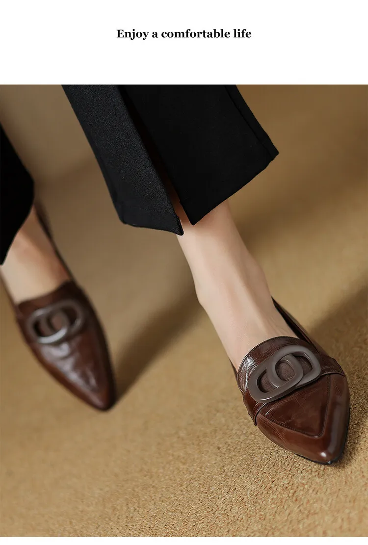 French-style genuine leather retro 3cm chunky heel mid-heel women's shoes, spring and autumn style pointed toe deep mouth single shoes commuting work shoes