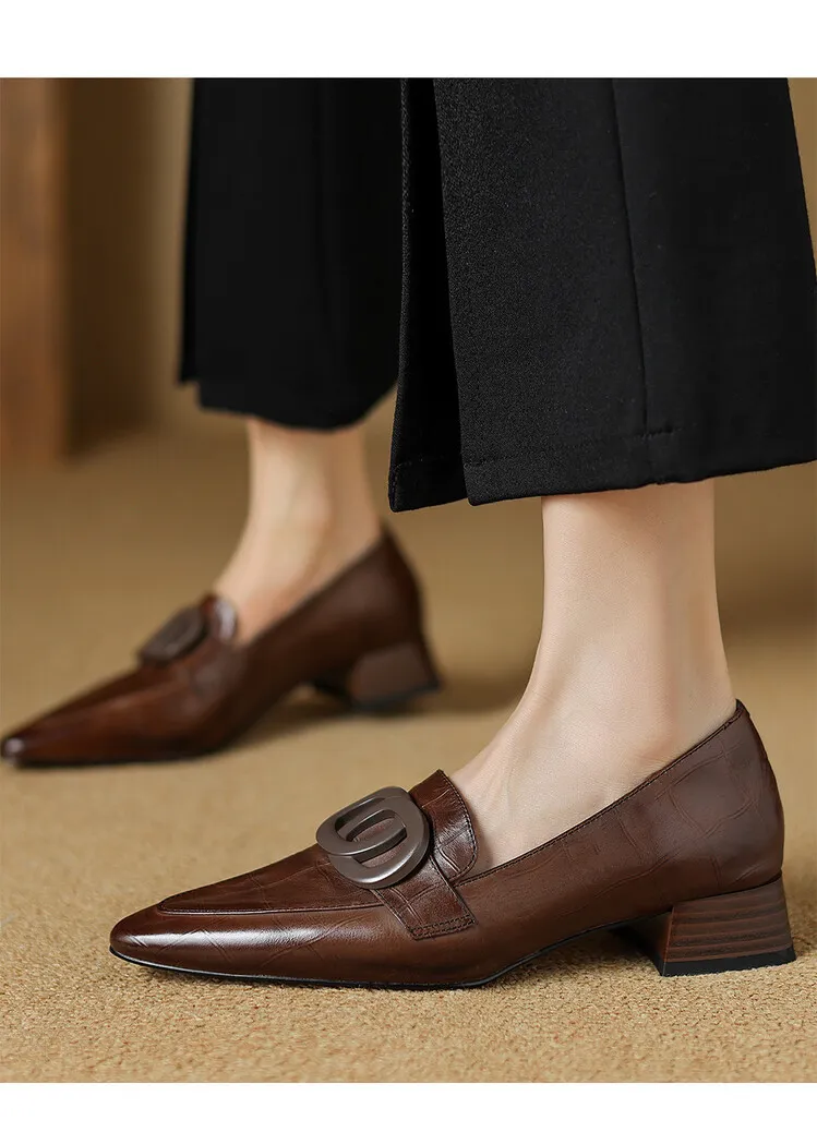 French-style genuine leather retro 3cm chunky heel mid-heel women's shoes, spring and autumn style pointed toe deep mouth single shoes commuting work shoes