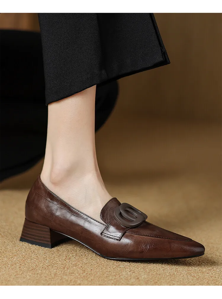 French-style genuine leather retro 3cm chunky heel mid-heel women's shoes, spring and autumn style pointed toe deep mouth single shoes commuting work shoes
