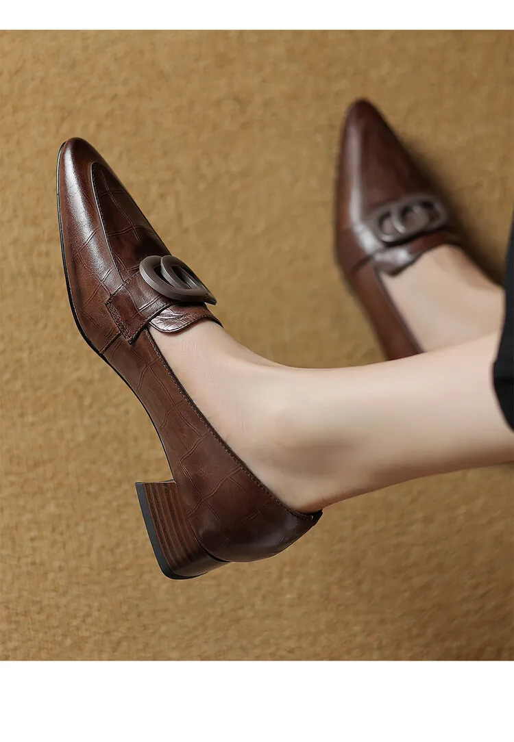 French-style genuine leather retro 3cm chunky heel mid-heel women's shoes, spring and autumn style pointed toe deep mouth single shoes commuting work shoes