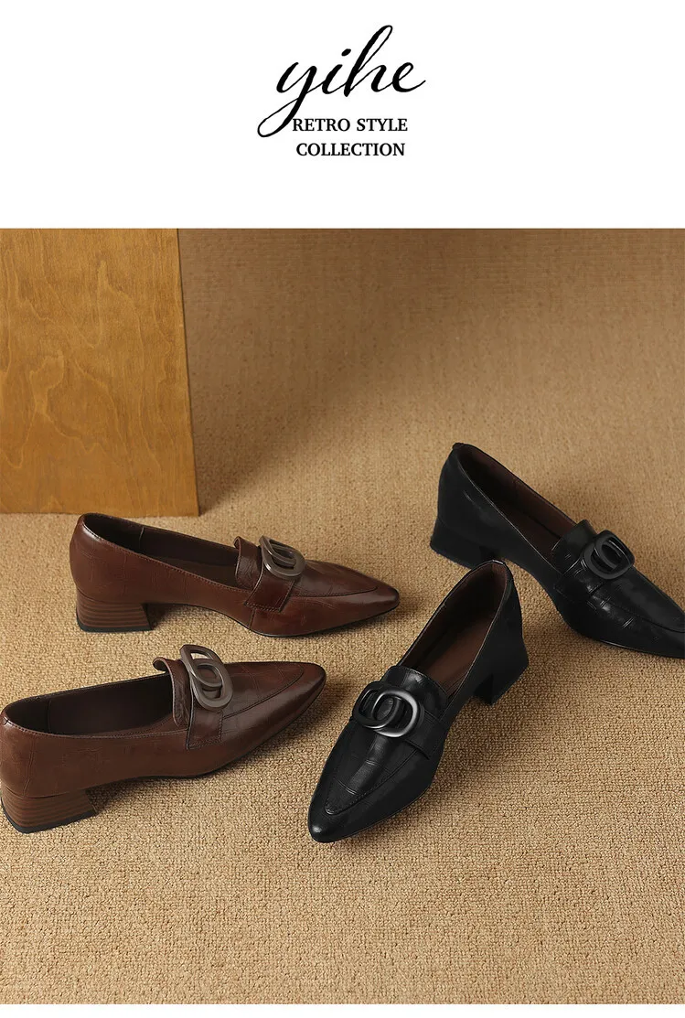 French-style genuine leather retro 3cm chunky heel mid-heel women's shoes, spring and autumn style pointed toe deep mouth single shoes commuting work shoes