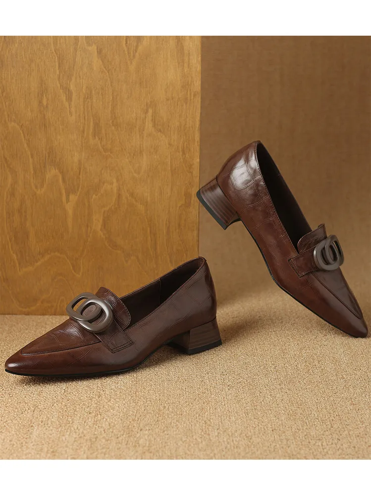 French-style genuine leather retro 3cm chunky heel mid-heel women's shoes, spring and autumn style pointed toe deep mouth single shoes commuting work shoes