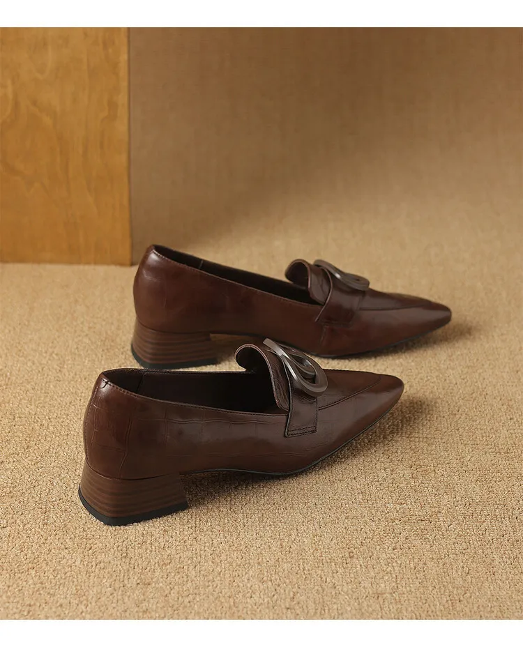 French-style genuine leather retro 3cm chunky heel mid-heel women's shoes, spring and autumn style pointed toe deep mouth single shoes commuting work shoes