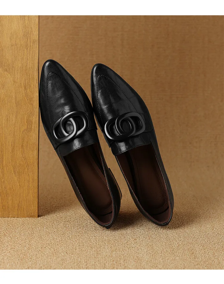 French-style genuine leather retro 3cm chunky heel mid-heel women's shoes, spring and autumn style pointed toe deep mouth single shoes commuting work shoes
