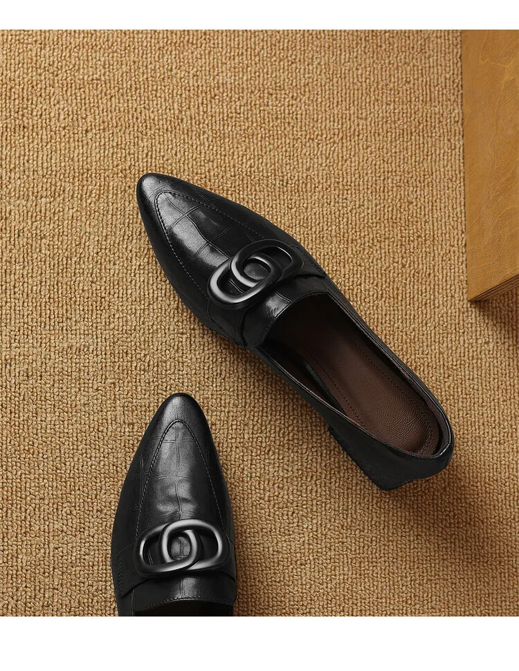French-style genuine leather retro 3cm chunky heel mid-heel women's shoes, spring and autumn style pointed toe deep mouth single shoes commuting work shoes