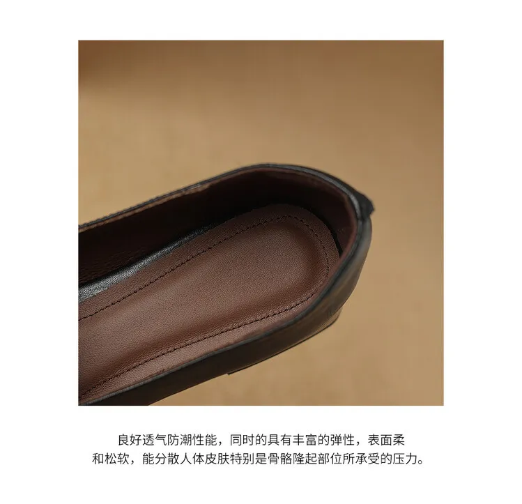 French-style genuine leather retro 3cm chunky heel mid-heel women's shoes, spring and autumn style pointed toe deep mouth single shoes commuting work shoes