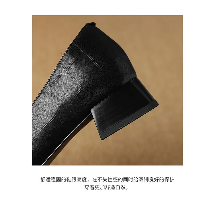 French-style genuine leather retro 3cm chunky heel mid-heel women's shoes, spring and autumn style pointed toe deep mouth single shoes commuting work shoes