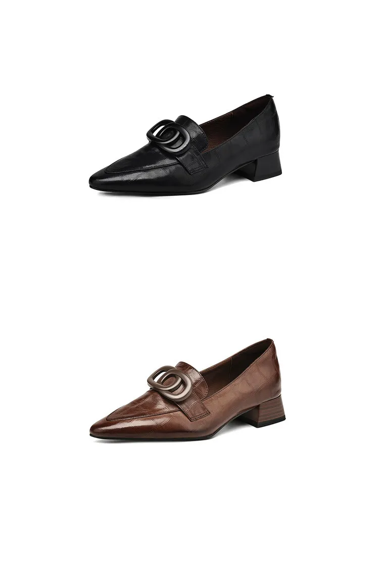 French-style genuine leather retro 3cm chunky heel mid-heel women's shoes, spring and autumn style pointed toe deep mouth single shoes commuting work shoes