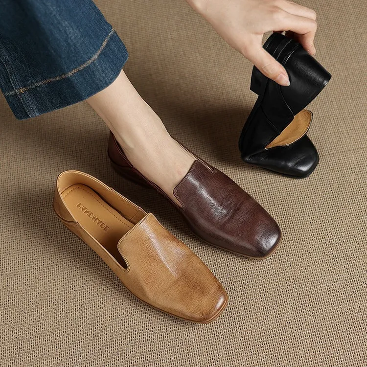 Autumn single shoes, square toe, chunky heel, low heel, cowhide fashion slip-on women's shoes, stylish genuine leather shoes