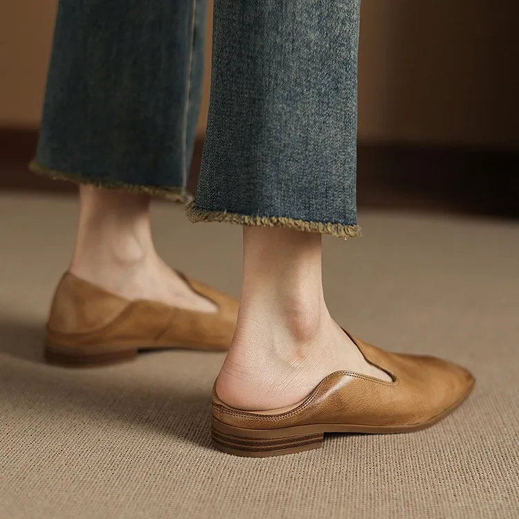 Autumn single shoes, square toe, chunky heel, low heel, cowhide fashion slip-on women's shoes, stylish genuine leather shoes