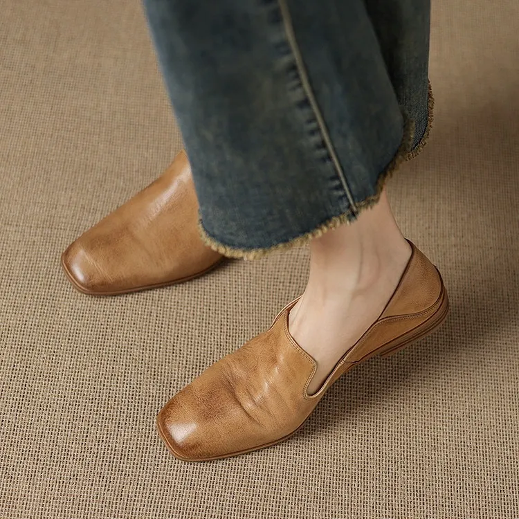 Autumn single shoes, square toe, chunky heel, low heel, cowhide fashion slip-on women's shoes, stylish genuine leather shoes