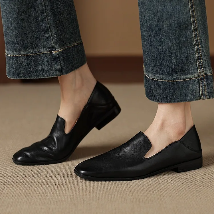 Autumn single shoes, square toe, chunky heel, low heel, cowhide fashion slip-on women's shoes, stylish genuine leather shoes