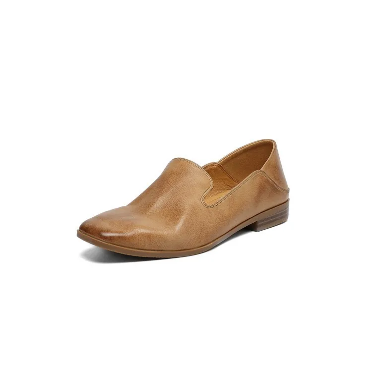 Autumn single shoes, square toe, chunky heel, low heel, cowhide fashion slip-on women's shoes, stylish genuine leather shoes