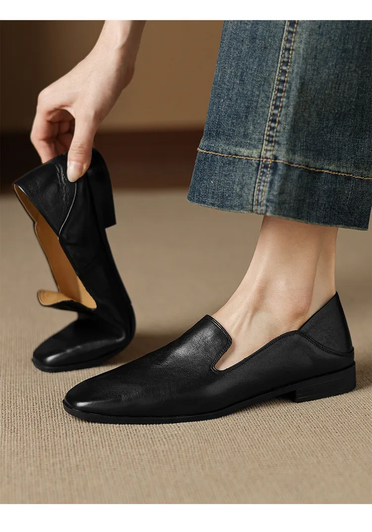 Autumn single shoes, square toe, chunky heel, low heel, cowhide fashion slip-on women's shoes, stylish genuine leather shoes