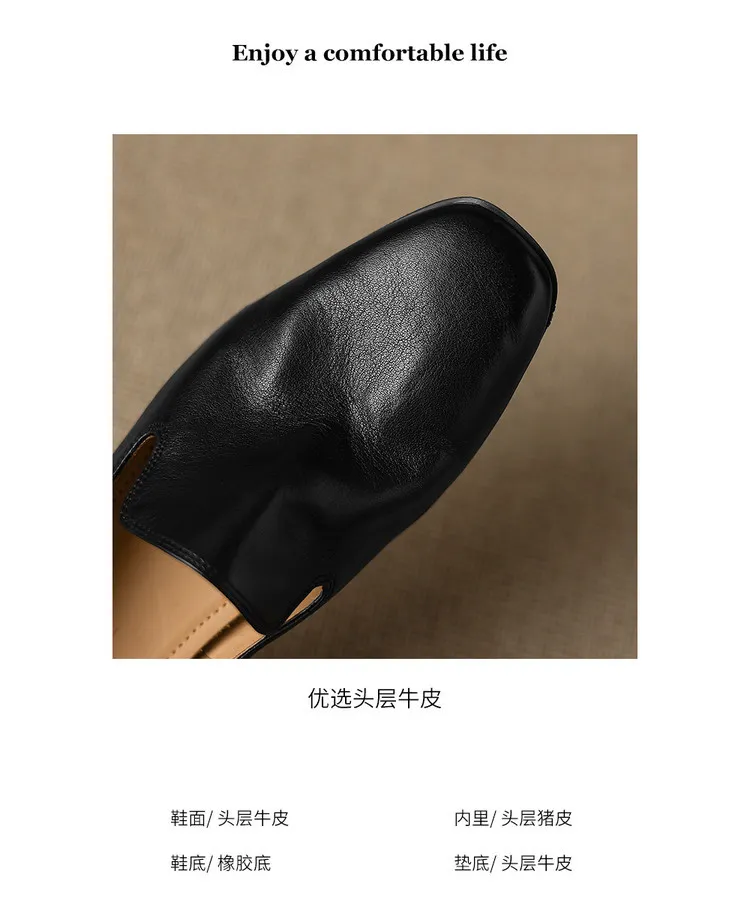 Autumn single shoes, square toe, chunky heel, low heel, cowhide fashion slip-on women's shoes, stylish genuine leather shoes