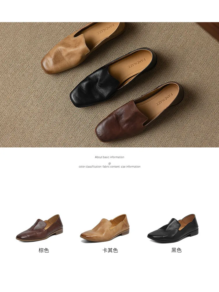 Autumn single shoes, square toe, chunky heel, low heel, cowhide fashion slip-on women's shoes, stylish genuine leather shoes