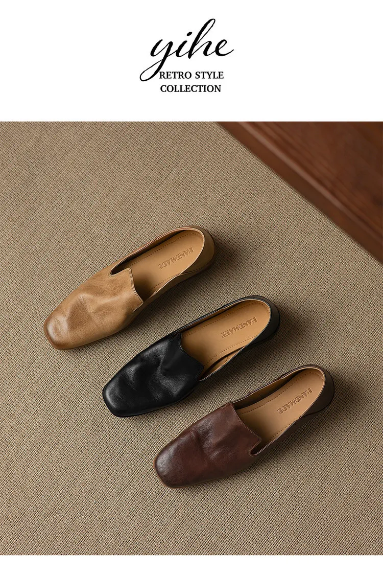Autumn single shoes, square toe, chunky heel, low heel, cowhide fashion slip-on women's shoes, stylish genuine leather shoes
