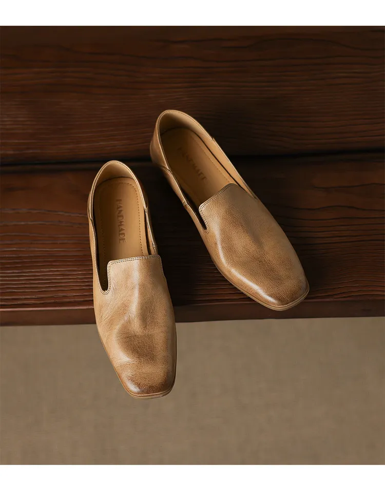 Autumn single shoes, square toe, chunky heel, low heel, cowhide fashion slip-on women's shoes, stylish genuine leather shoes