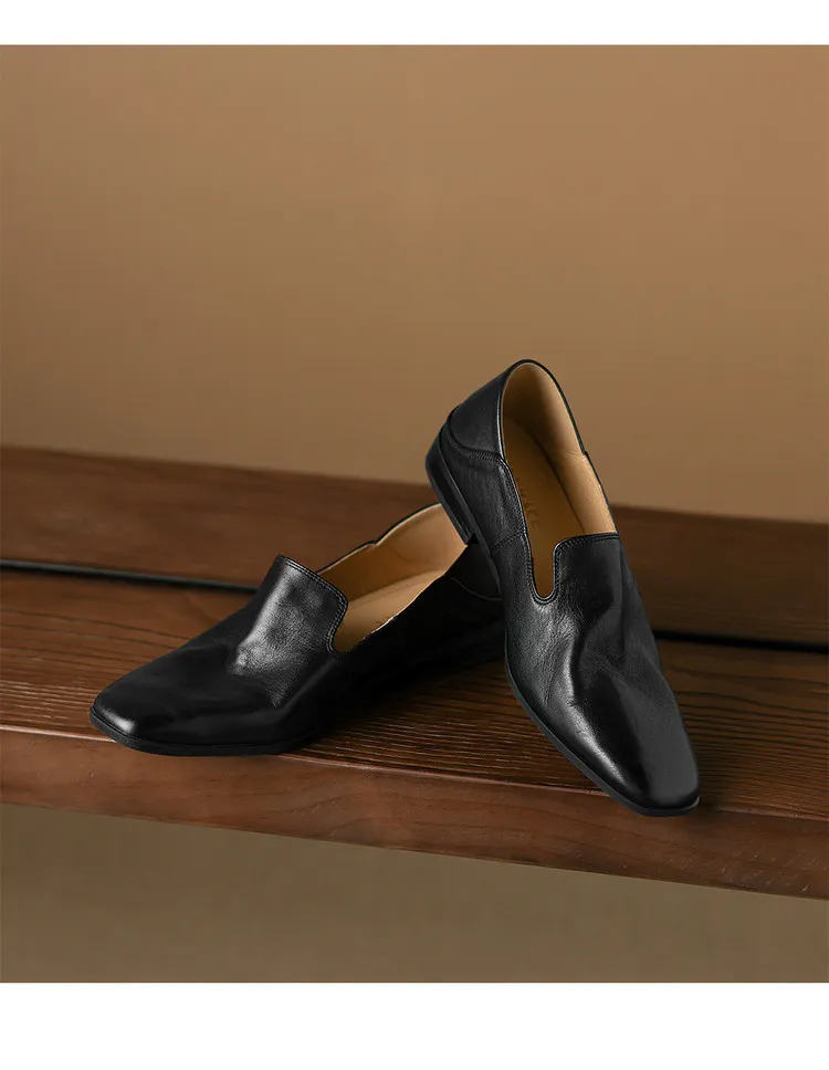 Autumn single shoes, square toe, chunky heel, low heel, cowhide fashion slip-on women's shoes, stylish genuine leather shoes