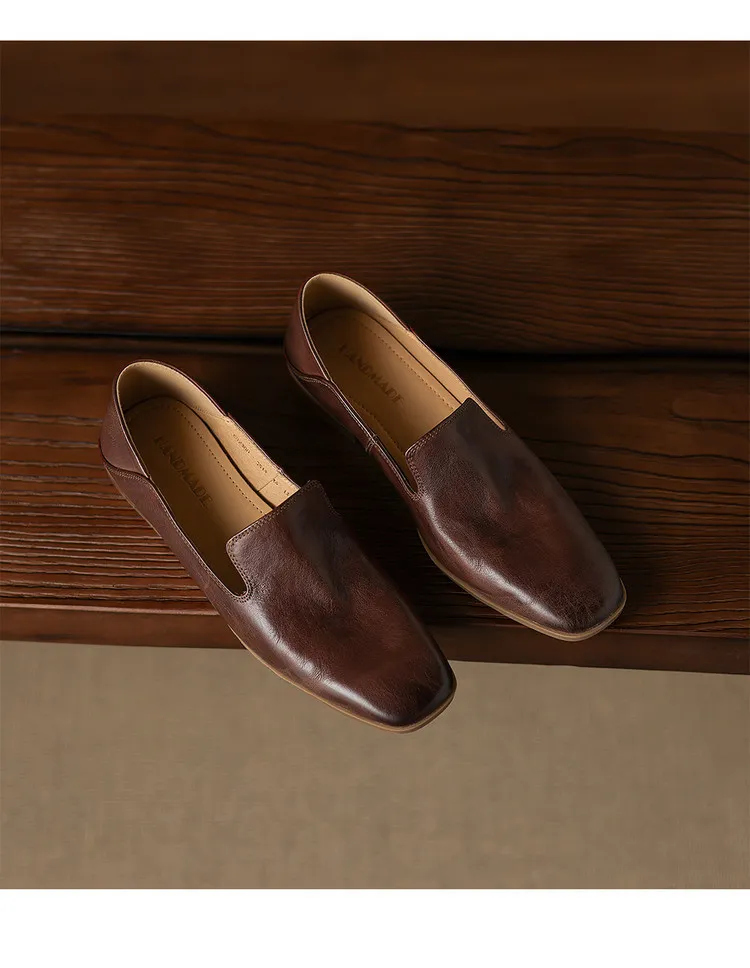 Autumn single shoes, square toe, chunky heel, low heel, cowhide fashion slip-on women's shoes, stylish genuine leather shoes
