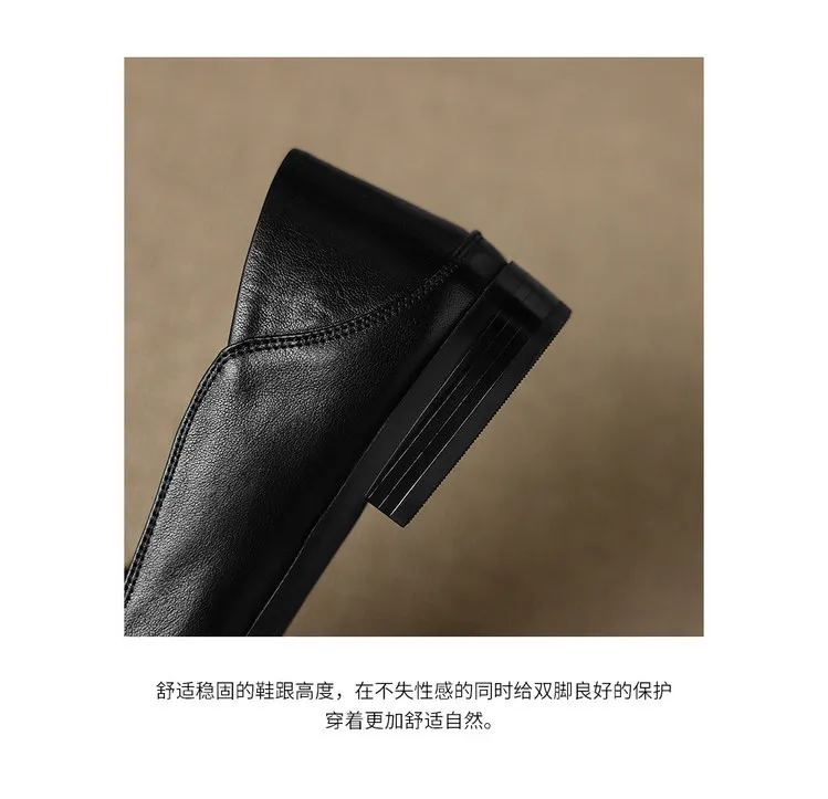 Autumn single shoes, square toe, chunky heel, low heel, cowhide fashion slip-on women's shoes, stylish genuine leather shoes