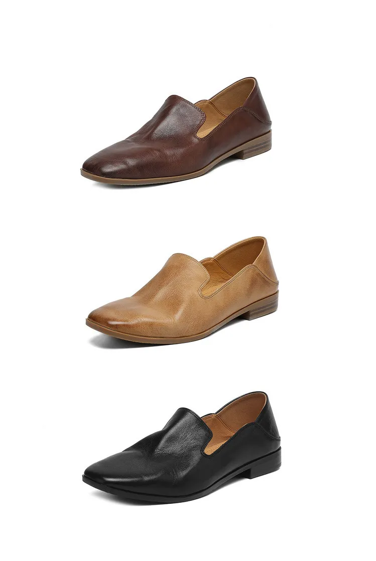 Autumn single shoes, square toe, chunky heel, low heel, cowhide fashion slip-on women's shoes, stylish genuine leather shoes