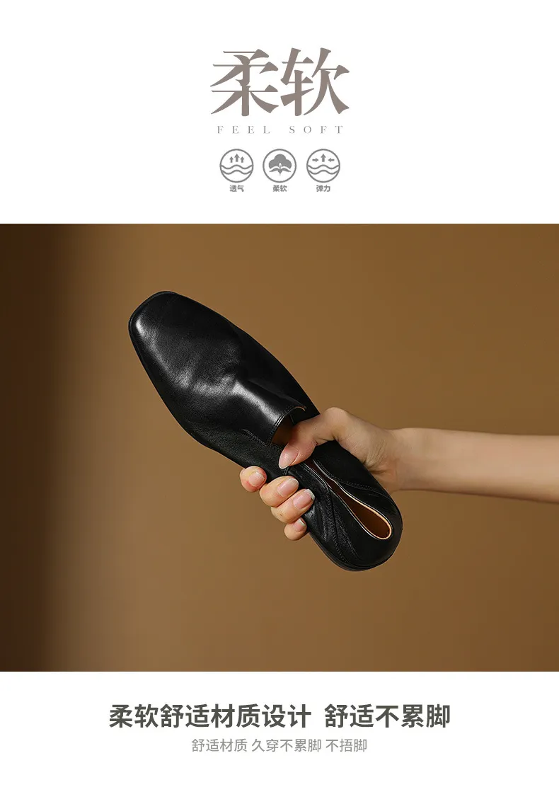Autumn single shoes, square toe, chunky heel, low heel, cowhide fashion slip-on women's shoes, stylish genuine leather shoes