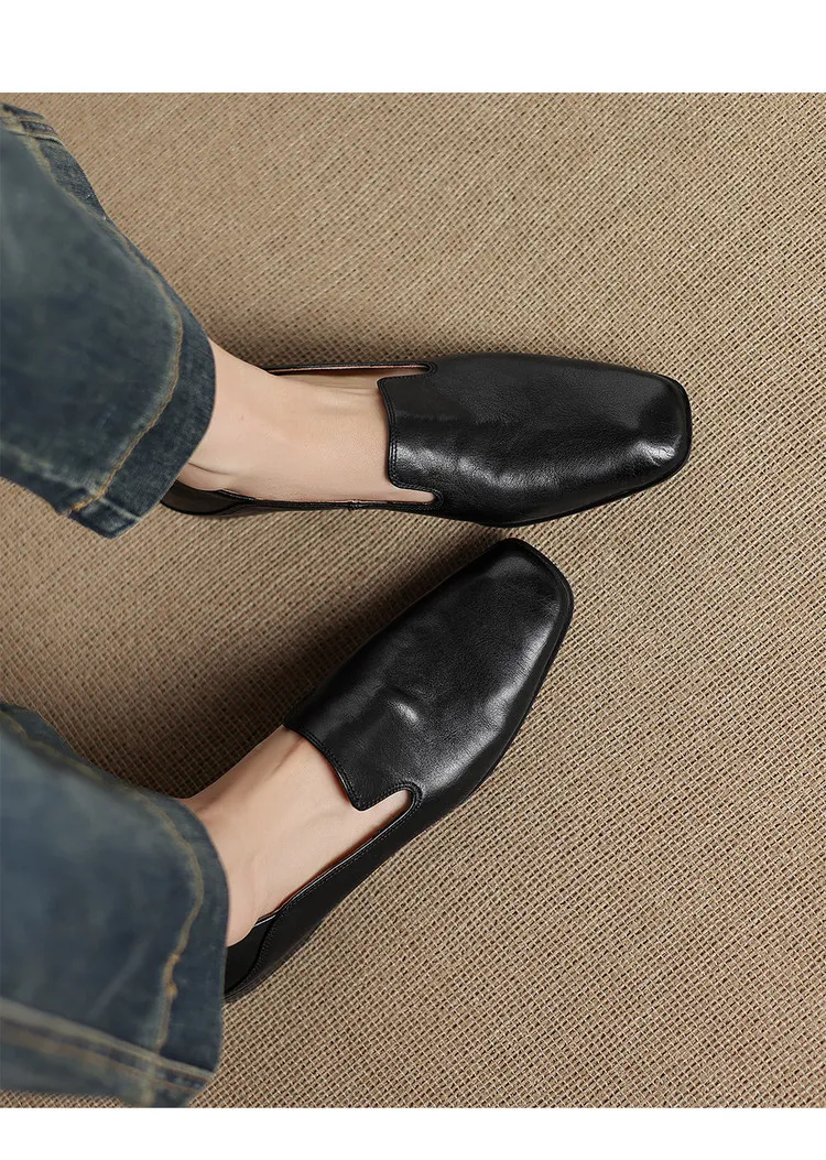 Autumn single shoes, square toe, chunky heel, low heel, cowhide fashion slip-on women's shoes, stylish genuine leather shoes