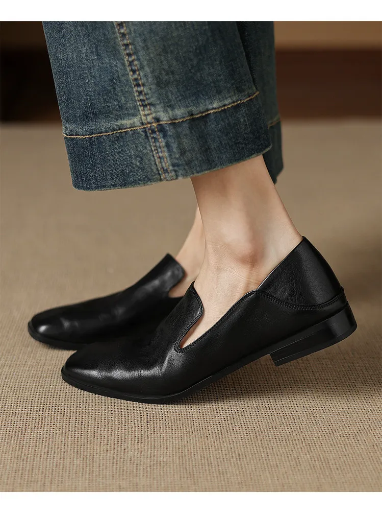 Autumn single shoes, square toe, chunky heel, low heel, cowhide fashion slip-on women's shoes, stylish genuine leather shoes