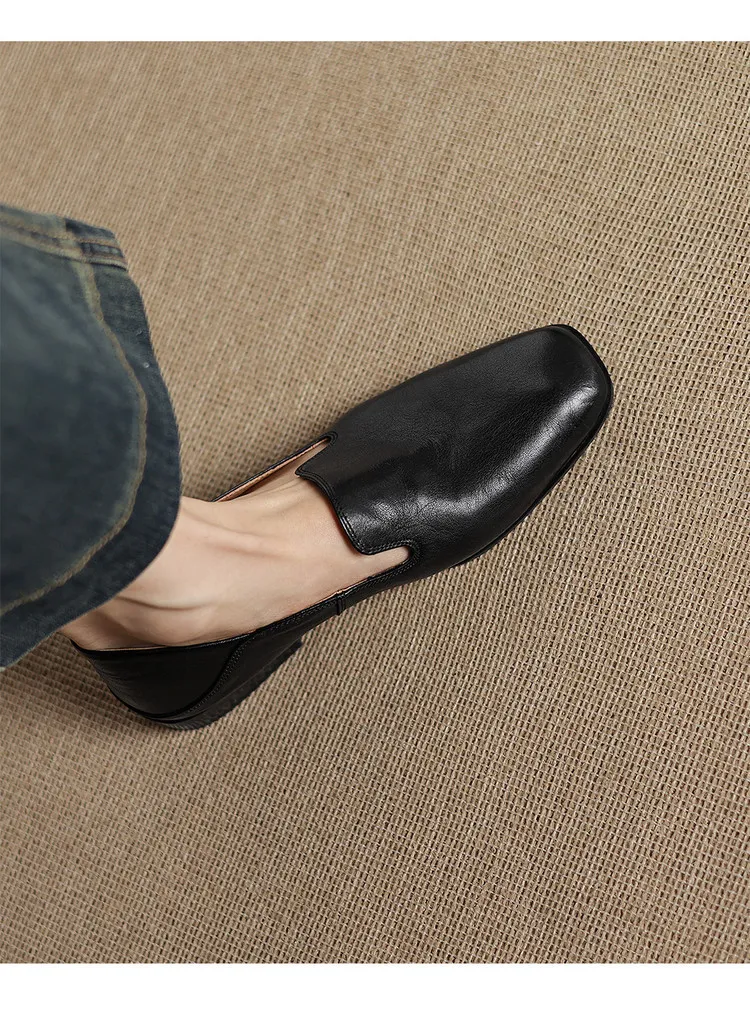 Autumn single shoes, square toe, chunky heel, low heel, cowhide fashion slip-on women's shoes, stylish genuine leather shoes