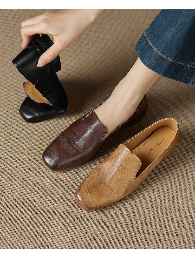 Autumn single shoes, square toe, chunky heel, low heel, cowhide fashion slip-on women's shoes, stylish genuine leather shoes