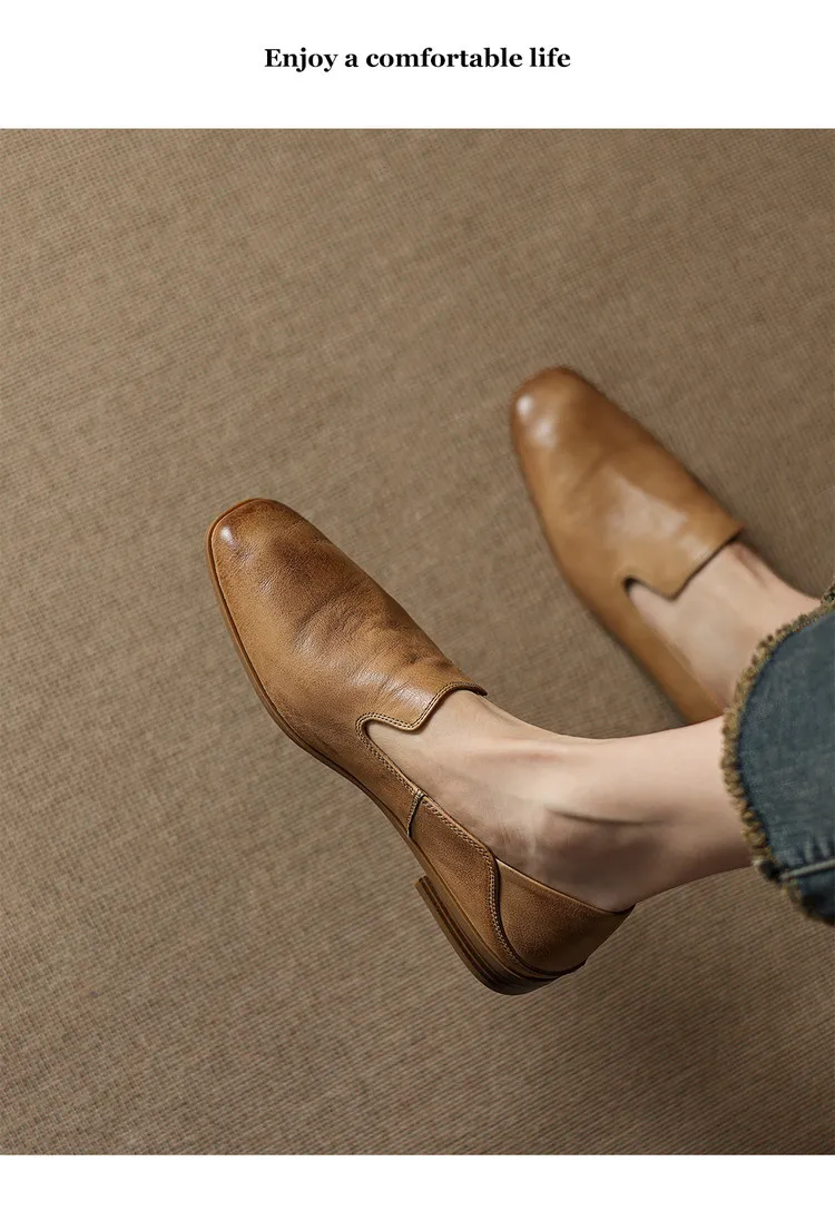 Autumn single shoes, square toe, chunky heel, low heel, cowhide fashion slip-on women's shoes, stylish genuine leather shoes