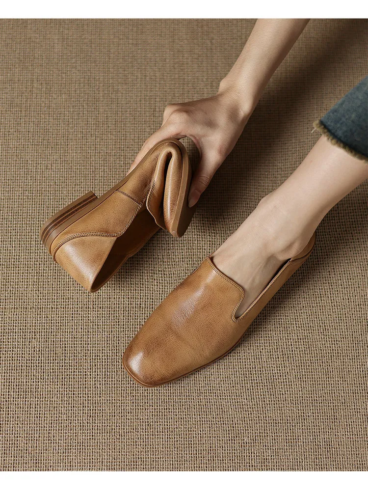 Autumn single shoes, square toe, chunky heel, low heel, cowhide fashion slip-on women's shoes, stylish genuine leather shoes