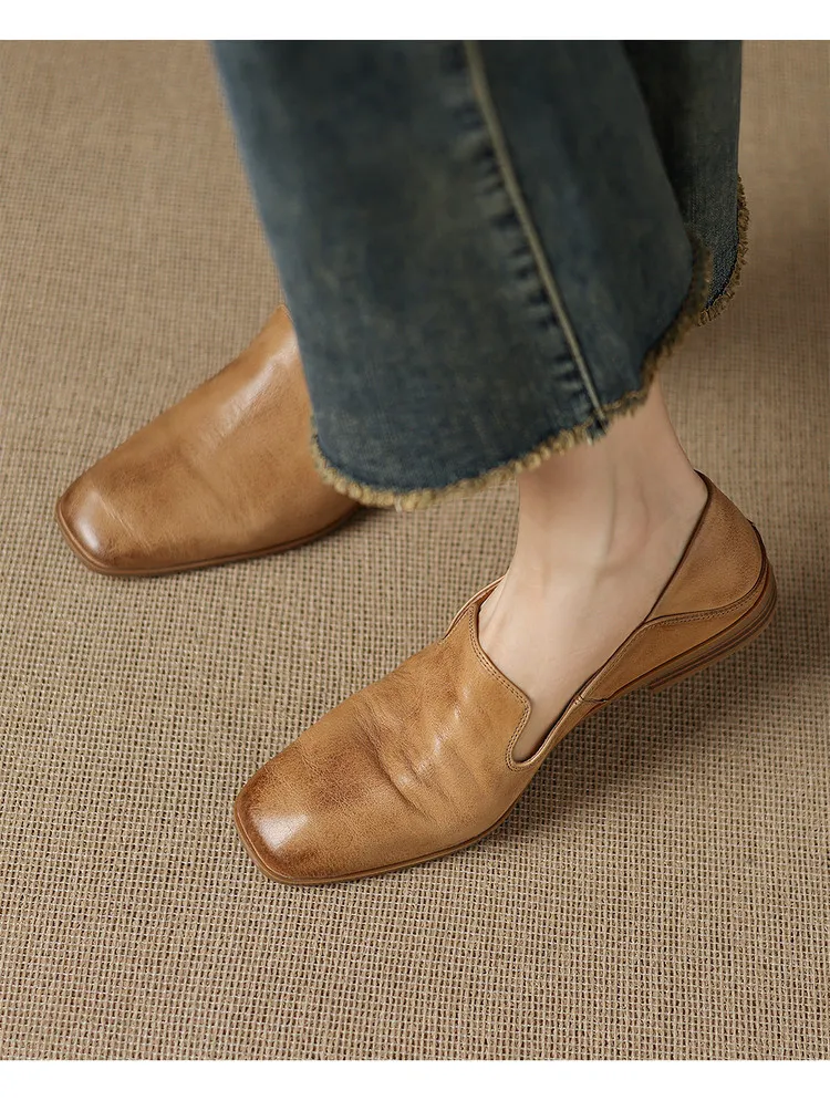 Autumn single shoes, square toe, chunky heel, low heel, cowhide fashion slip-on women's shoes, stylish genuine leather shoes