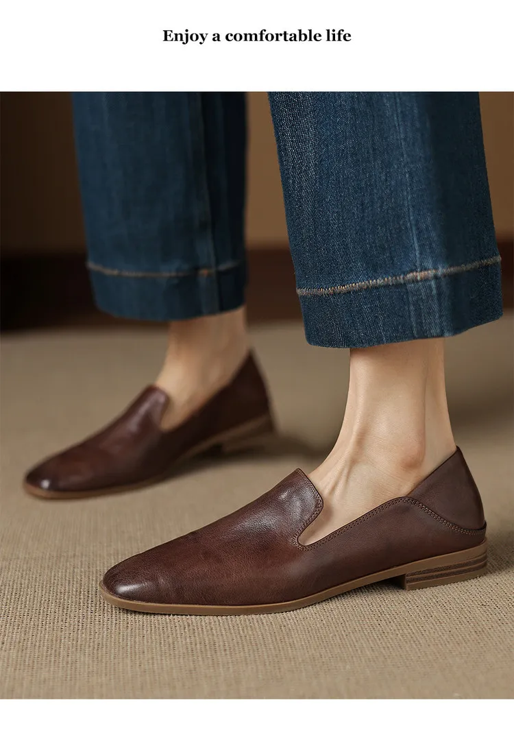 Autumn single shoes, square toe, chunky heel, low heel, cowhide fashion slip-on women's shoes, stylish genuine leather shoes