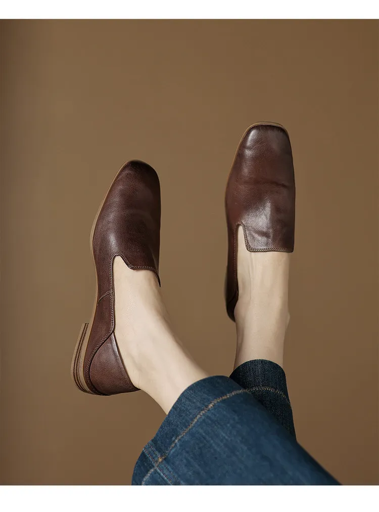 Autumn single shoes, square toe, chunky heel, low heel, cowhide fashion slip-on women's shoes, stylish genuine leather shoes