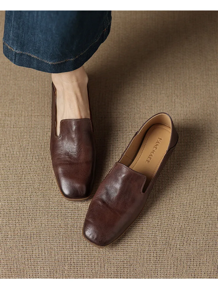 Autumn single shoes, square toe, chunky heel, low heel, cowhide fashion slip-on women's shoes, stylish genuine leather shoes