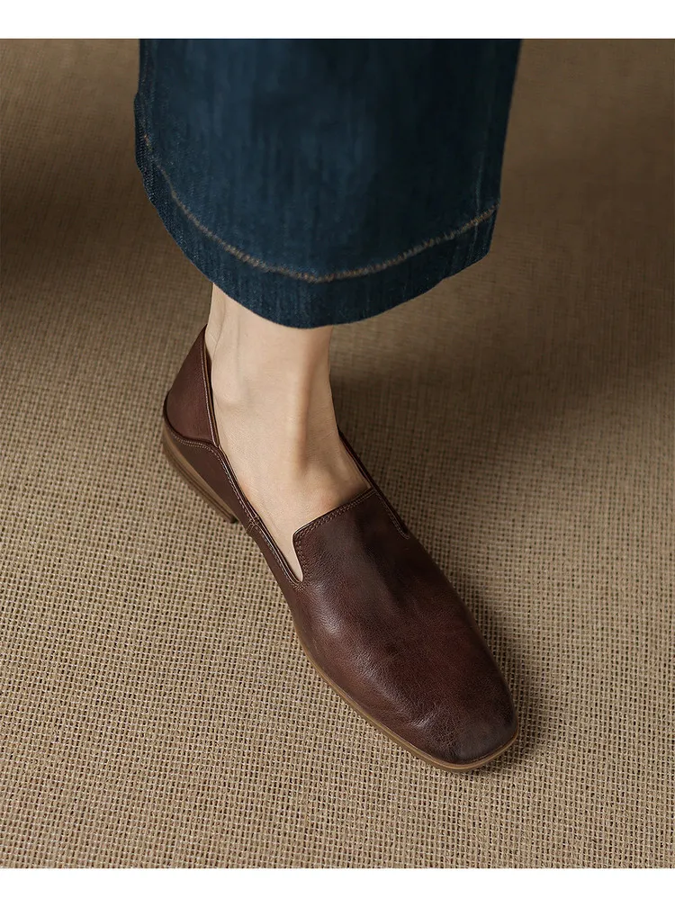 Autumn single shoes, square toe, chunky heel, low heel, cowhide fashion slip-on women's shoes, stylish genuine leather shoes