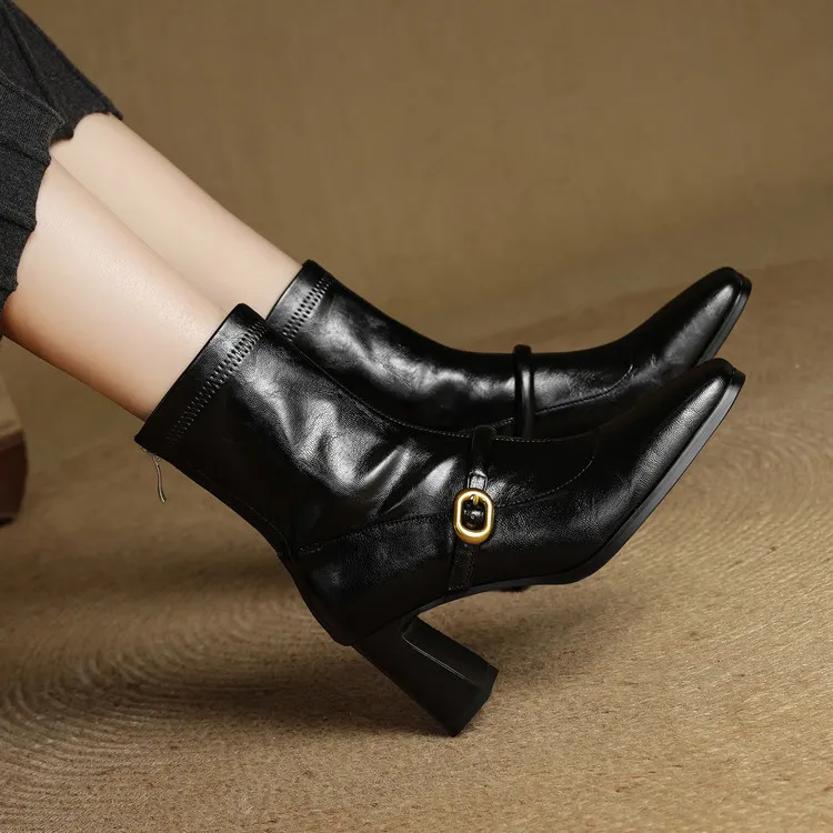 Autumn/Winter Square Toe Fashion Ankle Boots Chunky Heel High Heel Elastic Slim Fit Boots Back Zipper Women's Boots 9-1p