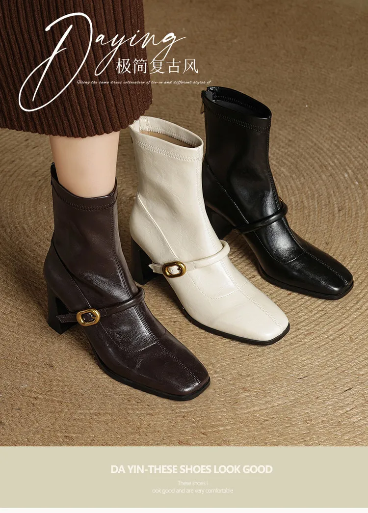Autumn/Winter Square Toe Fashion Ankle Boots Chunky Heel High Heel Elastic Slim Fit Boots Back Zipper Women's Boots 9-1p