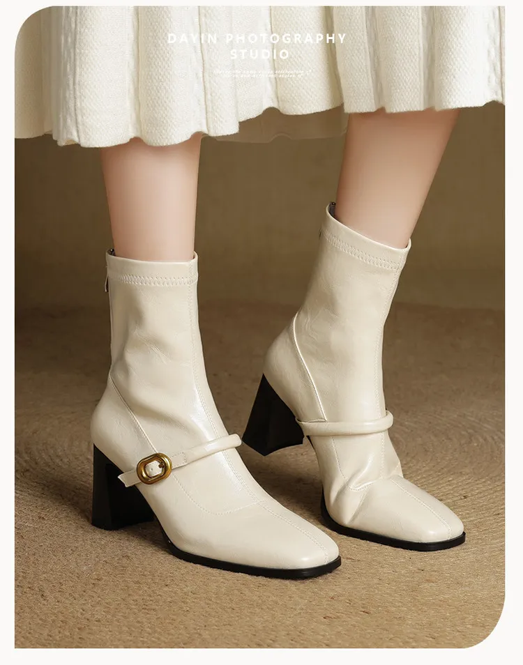 Autumn/Winter Square Toe Fashion Ankle Boots Chunky Heel High Heel Elastic Slim Fit Boots Back Zipper Women's Boots 9-1p