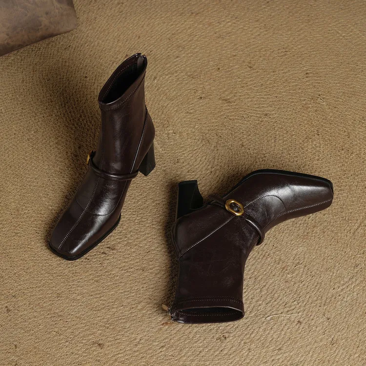 Autumn/Winter Square Toe Fashion Ankle Boots Chunky Heel High Heel Elastic Slim Fit Boots Back Zipper Women's Boots 9-1p
