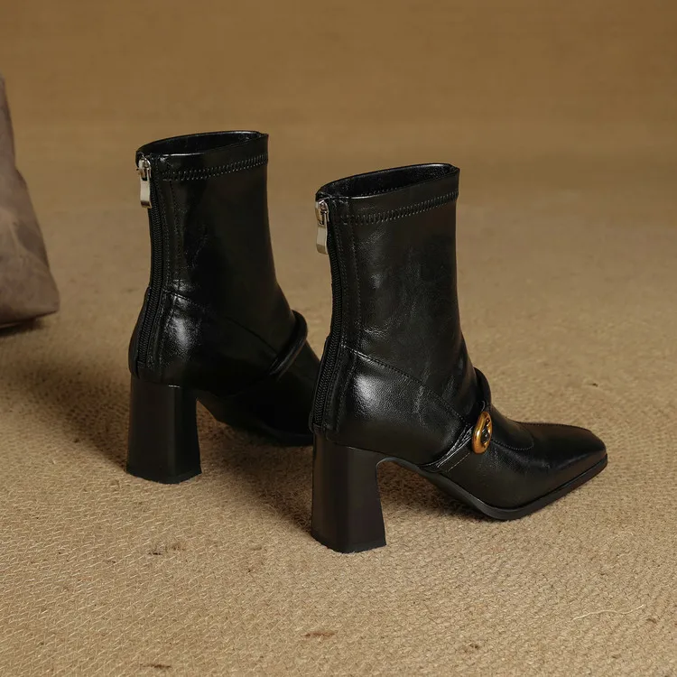 Autumn/Winter Square Toe Fashion Ankle Boots Chunky Heel High Heel Elastic Slim Fit Boots Back Zipper Women's Boots 9-1p